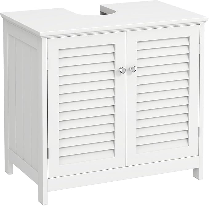 U-Shaped Pedestal Sink Storage Cabinet with 2 Doors & Shelf, Freestanding Bathroom Vanity Organizer Under Sink, 60cm Wide MDF Cupboard for Toiletries & Cleaning Supplies, White