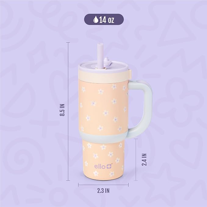 Ello Oasis 14oz Stainless Steel Toddler Tumbler with Handle & Retracting Straw, 100% Leakproof, Double-Wall Vacuum Insulated, Kids Water Bottle for School, BPA Free, Dishwasher Safe, Orange Daisies
