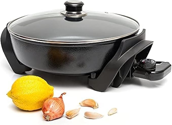Moss & Stone Round Electric Skillet with Lid – 12x12 Inch Aluminum Nonstick Electric Frying Pan 5Qt, Adjustable Temperature Control, Vented Glass Lid, Dishwasher Safe, Heat-Resistant Handles