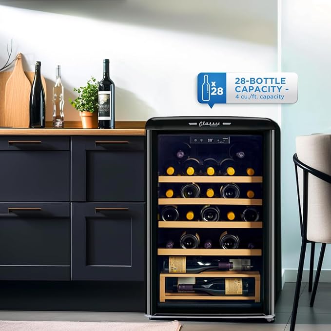 Unique Appliances Classic Retro Electric Wine Cooler, 28-Bottle Wine Fridge with Adjustable Wooden Shelves and Intuitive Digital Control Panel, Single Zone, 21", Midnight Black