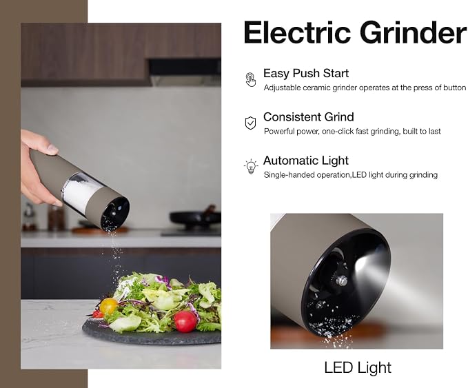 Stainless Steel Rechargeable Electric Salt and Pepper Grinder Set – USB Charging, One-Hand Electric Mill, Adjustable Coarseness, LED Light & Dust Cover –2pack(Greige & Buttercream)