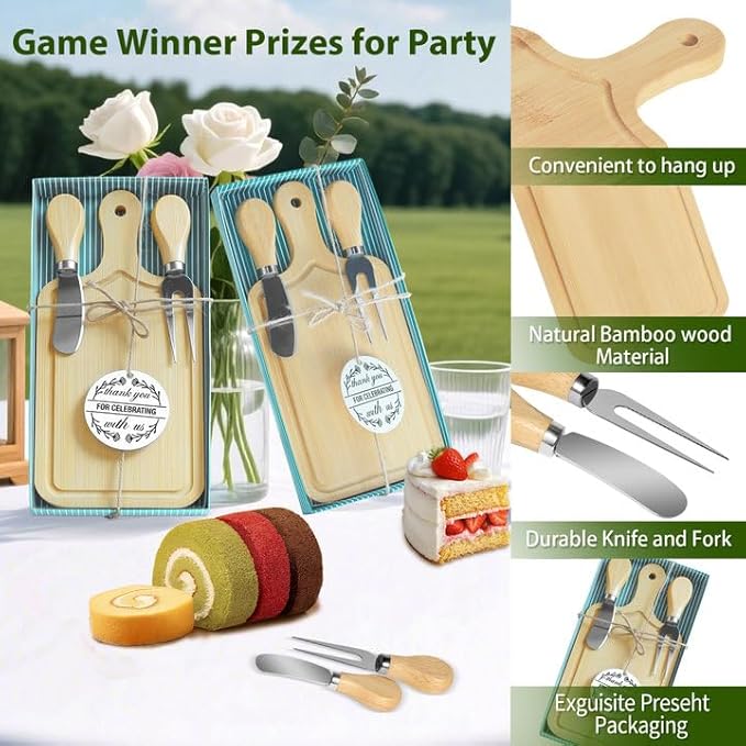 AZEAM 12 Sets Baby Bridal Shower Prizes for Game Winners, Bamboo Mini Cheese Board Set with Knife Fork and Present Box, Small Charcuterie Board Bulk for Party Wedding Guests Present