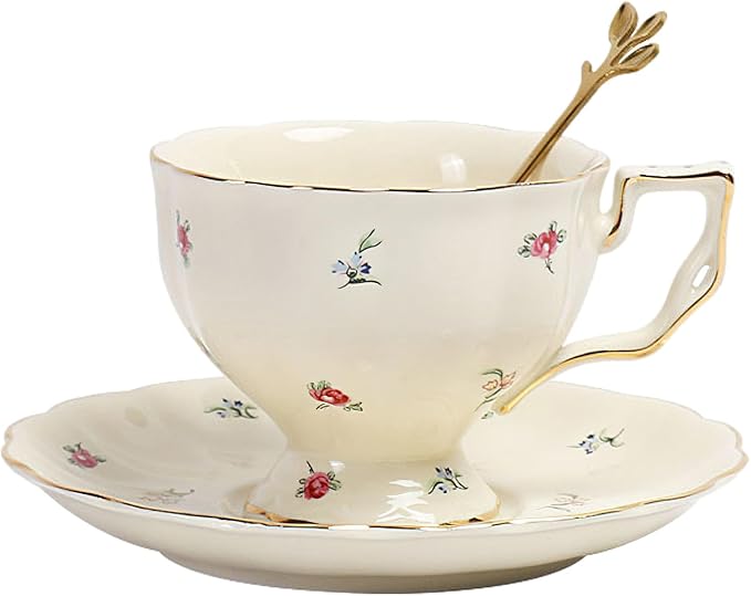 Porcelain Tea Cup and Saucer Set, 8.5 oz/250 ml Ceramic Coffee Mug with Saucer and Spoon, Vintage Coffee Cup with Gold Trim for Mom Women Mother's Day, Flowers Pattern