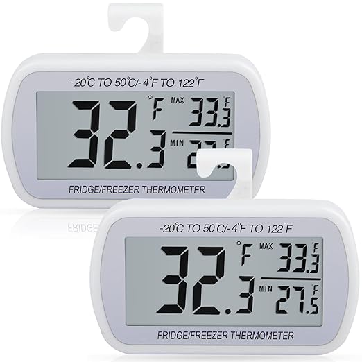 AEVETE 2 Pack Waterproof Digital Refrigerator Thermometer Large LCD, Freezer Room Thermometer with Magnetic Back, No Frills Easy to Read