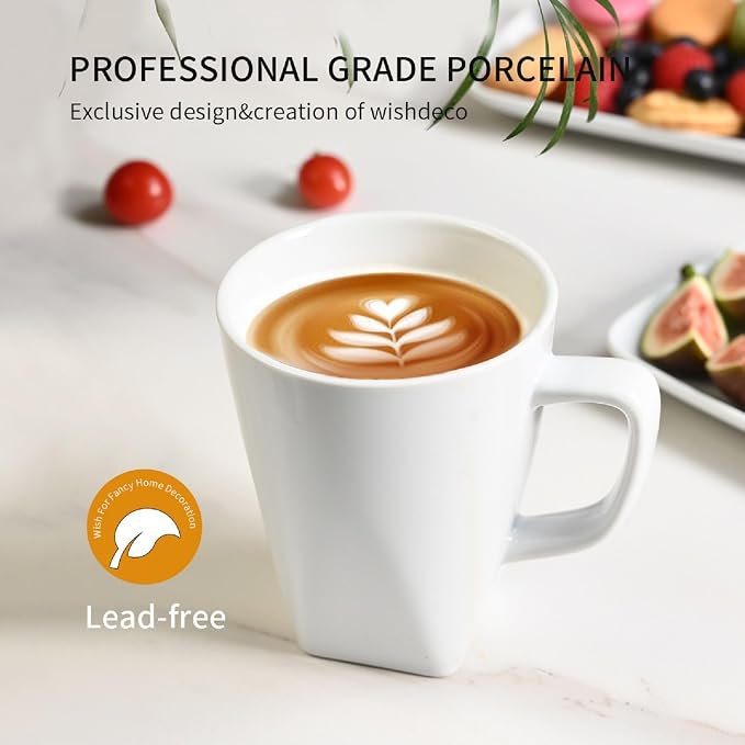WishDeco White Coffee Mugs Set of 6, Ceramic Coffee Cups 14 oz, Modern Tea Mugs, Porcelain Tea Cups, Large Mug for Latte, Cappuccino, Milk, Juice, Cocoa, Square Bottom, Microwave and Dishwasher Safe