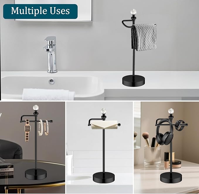 ROLABAM Heavy Weighted Hand Towel Holder(with Crystal Ball) Standing Hand Towel Holder Total Height 15.7'' for Kitchen,Bathroom,Vanity,Classic Decorative Metal Hand Towel Stand,Matte Black