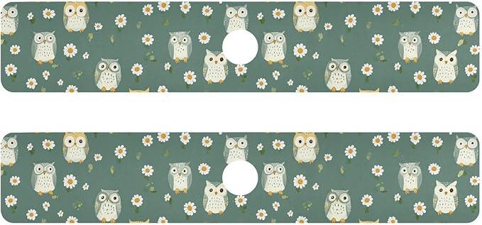 Kitchen Sink Splash Guard 2 PCS 30 Inch Sink Faucet Mat Splash Guard for Bathroom Countertop Water Absorbent Foldable Cuttable Soft Washable White Daisy Flower Owls