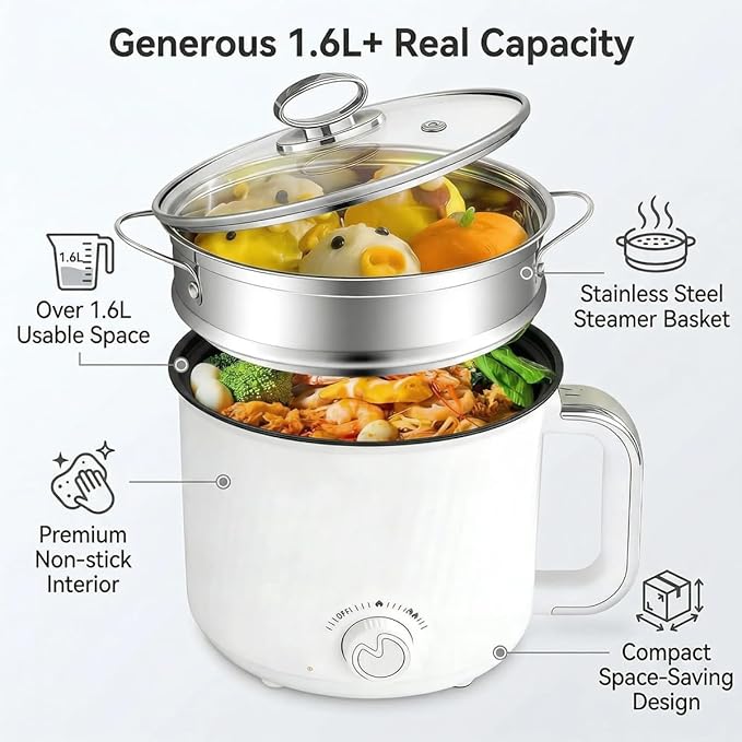 1.6L Electric Ramen Cooker Multicooker: Non-Stick Hot Pot for Instant Noodles Pasta Oatmeal Stews Soup Shabu-Shabu and Egg Dorm Cooking Includes Steamer Basket & Glass Lid Power Adjustment White