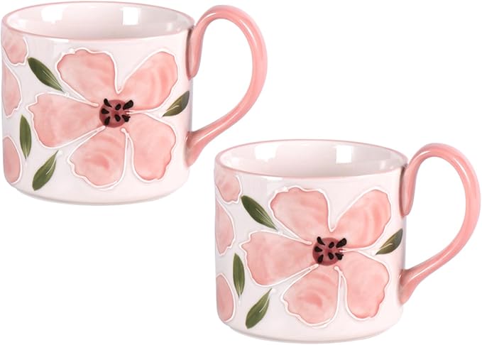 KAMMAK Ceramic Coffee Mug, 13.5oz Pink Mugs Set of 2, Novelty Cup for Tea, Juice, Milk, Cute Porcelain Water Cups with Handle for Women, Dishwasher and Microwave Safe