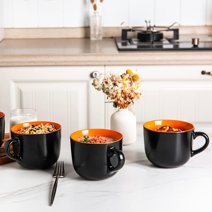 AmorArc 24 oz Soup Mugs with Handles, Jumbo Ceramic Bowls Mugs Set with handles for Coffee Cereal Cappuccino Snacks, Microwave&Dishwasher safe Soup Cups for Meal-Orange