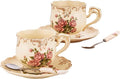 Tea Cups and Saucers Set of 2, 8 Oz Ivory Rose Floral Porcelain Teacup and Saucer Set with Spoon, Vintage Tea Cups with Gold Trim, European Style (Pink Rose)