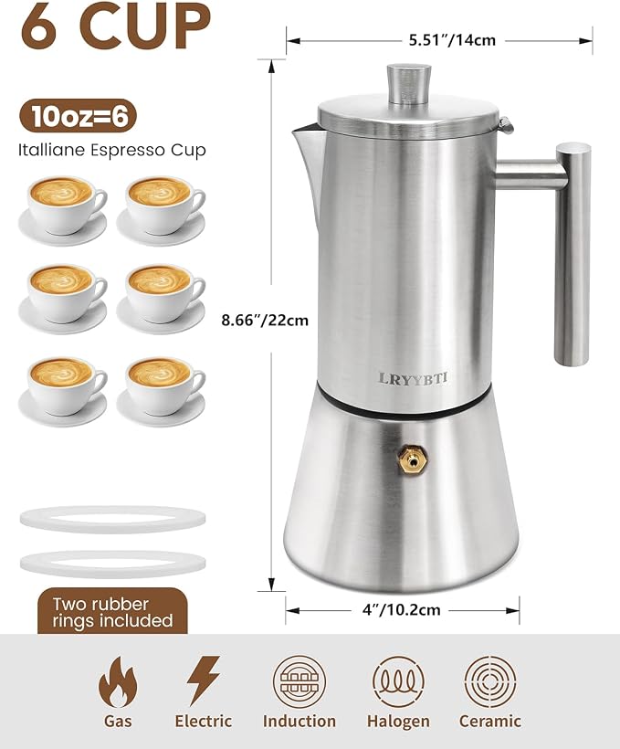 Moka Pot Stainless Steel 6Cup/10oz Stovetop Espresso Maker | Brushed，Cuban and Italian Coffee Maker, Cafetera Cubana, Greca De Cafe, Induction Stovetop Compatible