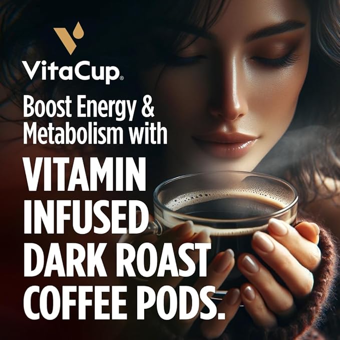 VitaCup Energy Dark Roast Coffee Pods, Boost Focus & Metabolism, Antioxidants, B Vitamins, Bold & Smooth,100% Arabica Coffee, Single Serve Pod Compatible with Keurig K-Cup Brewers,16 Ct
