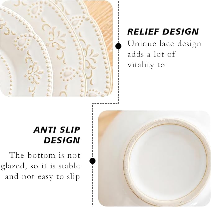 6 oz Cappuccino Cups with Saucers, Suit For House-warming, Ceramic Embossment Coffee Cup for Au Lait, Double shot, Latte, Cafe Mocha, Tea - Set of 4, Arctic white