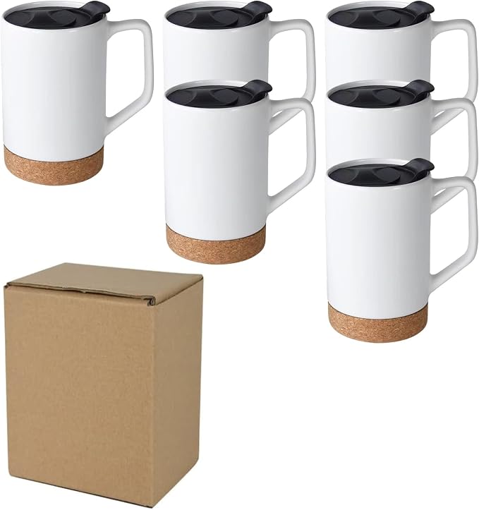 17oz Coffee Mugs,Ceramic Sublimation Mug Set of 6 | Cork Bottom,Spill Proof Lid,Large Mug,Gifts for Mom and Dad,Coffee/Tea/Milk/Latte