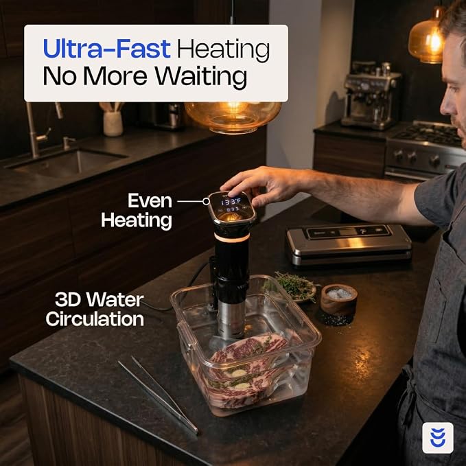 Sous Vide Cooker 1100W – Precision Immersion Circulator with ±0.2°F Accuracy, Quiet Brushless Motor, Adjustable Clamp, 4–20L Capacity, Stainless Steel, Built-In Timer, Easy Digital Control