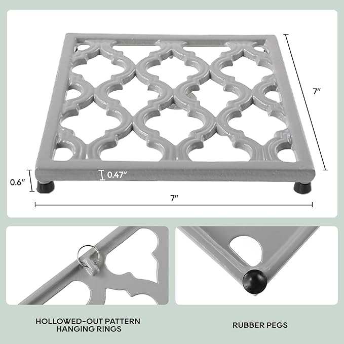 JOGREFUL 2 Pack Cast Iron Trivet Mats, Kitchen Pot Holders to Portect Table/Countertops, Heat Resistant Mats for Teapot/Hot Dishers/Plates, Vintage Mats with Weighted-Base, Gray
