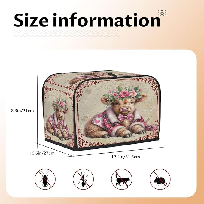 Valentine Day Highland Cow Toaster Cover 4 Slice Dust and Fingerprint Protection Toaster Bread Maker Covers Washable Kitchen Small Appliance Covers for Kitchen Accessories Decor Bakeware Women Gift