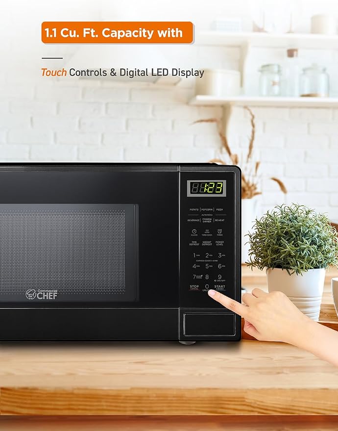 COMMERCIAL CHEF 1.1 Cu Ft Microwave with 10 Power Levels, Small Microwave with Push Button, 1100W with Kitchen Timer, Door Lock, & Digital Controls, Black