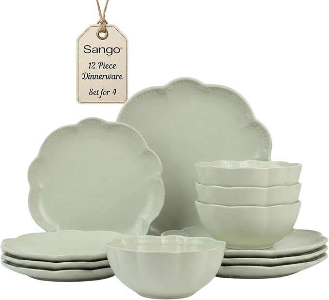 Sango 12 Pieces Scalloped Dinnerware Set, Sage Green Dishes for 4, Premium Serving Plates & Bowls Sets, Chip Resistant, Ceramic Dishware, Kitchen Dish, Microwave & Dishwasher Safe, Bethany