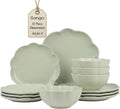 Sango 12 Pieces Scalloped Dinnerware Set, Sage Green Dishes for 4, Premium Serving Plates & Bowls Sets, Chip Resistant, Ceramic Dishware, Kitchen Dish, Microwave & Dishwasher Safe, Bethany
