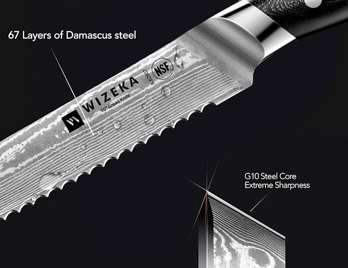 WIZEKA 10 inch Damascus Serrated Bread Knife for Homemade Bread: Razor Sharp VG10 Damascus Steel Multifunction Serrated Knife for Slicing Homemade Bread, Bagels, Cake