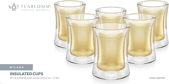Teabloom Modern Insulated Turkish Tea Glasses - Set of 6 Double Walled Glass Teacups (6 oz / 177 ml)