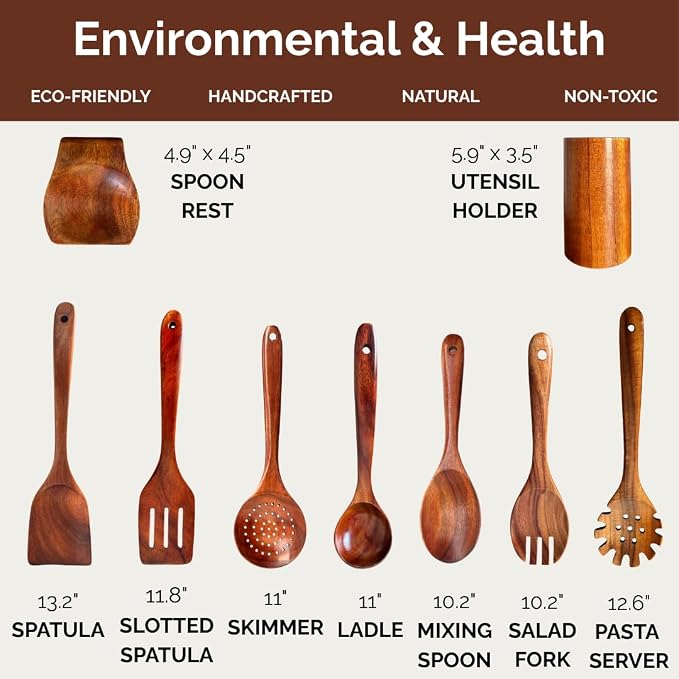 Wooden Utensil Set 9 PCS Hand-Crafted, Heat-Resistant, Non-Scratch & Easy-to-Clean Natural Teak Wooden Kitchen Tools with Spatula, Slotted Spatula, Spoons, Ladle, Pasta Server, Salad Fork, Holder Set