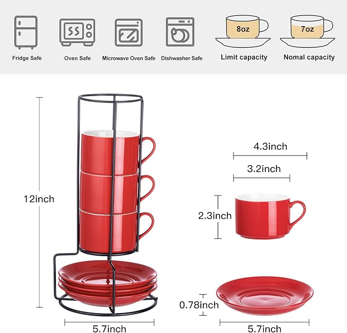 Cappuccino Cups Set of 4, 8oz Stackable Coffee Cups Set with Saucers and Metal Stand, Coffee Mugs and Saucers for Cappuccino, Latte, Americano and Tea - Red