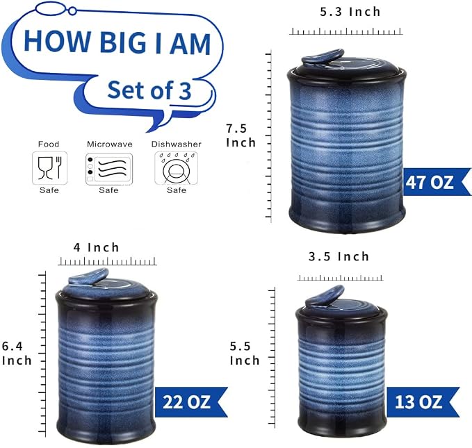 Nihow Food Storage Jar,Ceramic Canister Sets for The Kitchen,Set of 3,Blue | Air Tight Lid,Seal Damp-proof,For Flour/Sugar/Rice/Coffee/Cookies/Candy,Kitchen Counter Canister/Dishwasher Safe