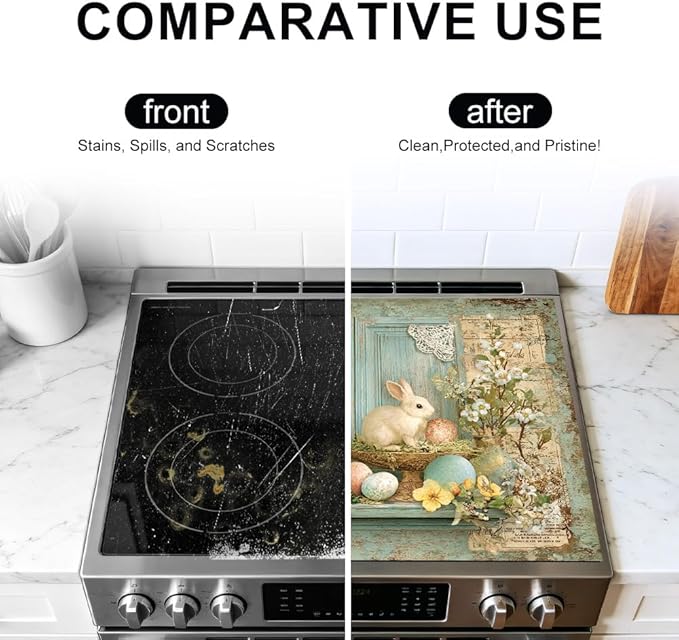 Stove Top Cover for Electric Stove 28.4 x 20.5 Inch Non Slip Stove Mat Oil Proof Bunny Window Glass Cooktop Protector Kitchen Counter Mat