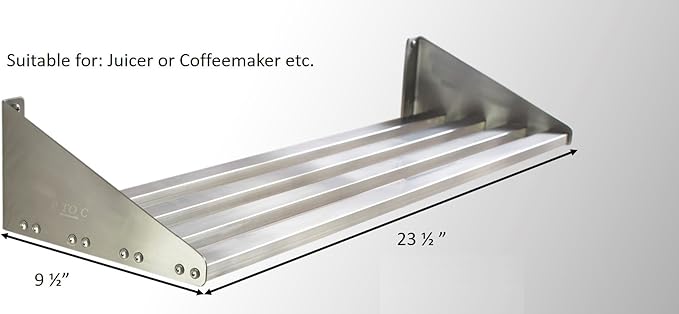304 Stainless Steel Standard Wall Shelf, Cookware Storage Organizer, Kitchen Wall Pot Pan Rack,With 6 Hooks, Capacity 200 lb (23.5" x 9.5") suitable for Juicer or Coffeemaker