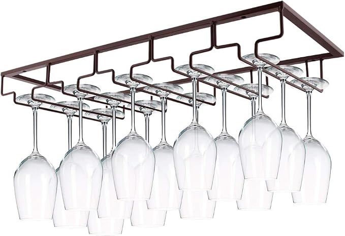 MOCOUM Wine Glasses Rack Under Cabinet Stemware Rack, Wine Glass Hanger Rack Wire Wine Glass Holder Storage Hanger for Cabinet Kitchen Bar (Brown, 5 Rows 1 Pack)