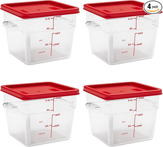 6 Quart Set of 4 Food Storage Containers,Food Containers with Lids and Handles,Square Commercial Food Containers for Kitchen, Restaurant，Refrigeration etc
