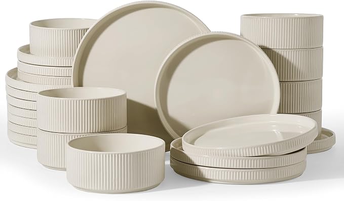 Famiware Star 18-Piece Stoneware Dinnerware Set for 6 – Oat, Ceramic Ribbed Plates and Bowls – Modern Rustic Dishes, Everyday & Formal Use – Chip & Scratch Resistant, Microwave & Dishwasher Safe