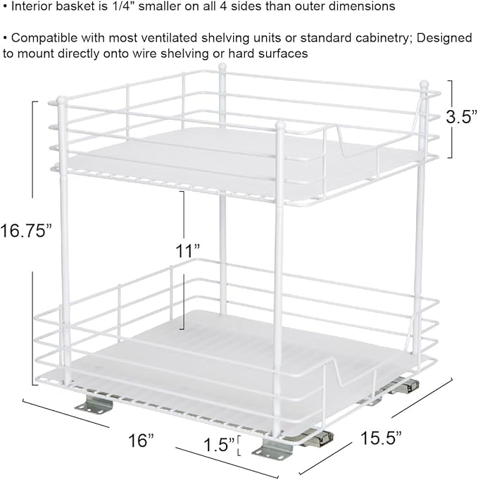 Household Essentials 2-Tier Sliding Pantry Organizer, 16.73" H x 15.35" W x 16.14" D, Strong Powder-Coated Steel Frame, Durable and Versatile, Easy Installation, Mounting Hardware Included, White