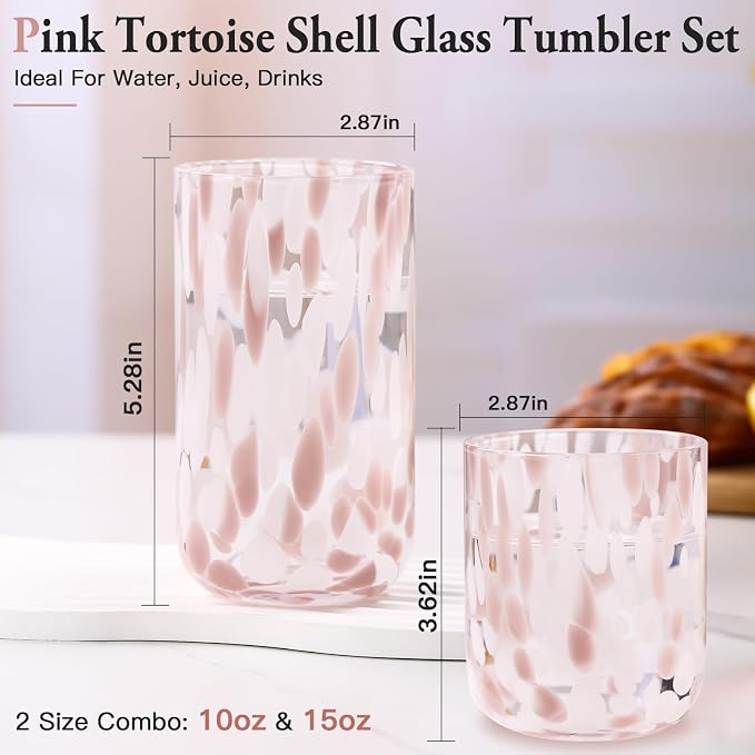Pink Tortoise Shell Drinking Glasses Set of 4, Pink Drinking Glasses,10oz 15oz Mix Glass Cups Tortoise Shell Tumbler Cups for Wine & Drinks, Mothers Day Gifts,Gifts for My Wife (4, Mixed)