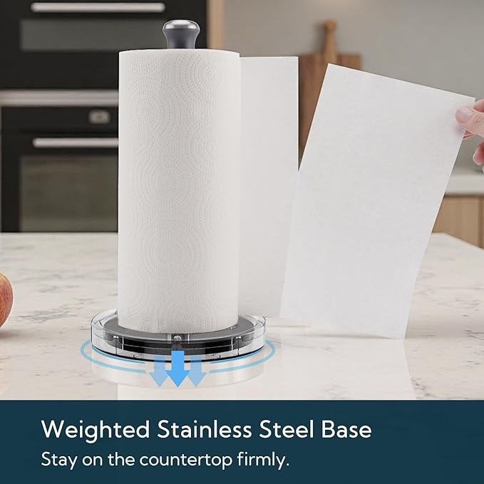 KITCHENDAO One-Handed Countertop Paper Towel Holder, Rotation Freestanding Kitchen Paper Holder Stand, Stainless Steel Paper Roll Holder with Weighted Base High-Adhesion Pad Sticker