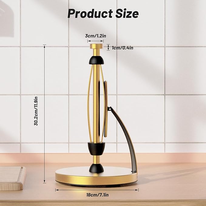 VEHHE Paper Towel Holder Countertop, Paper Towel Holder with Spring Activated Arm and Damping Effect, Simply Tear Paper Towel Stand for Bathroom and Kitchen (Gold)
