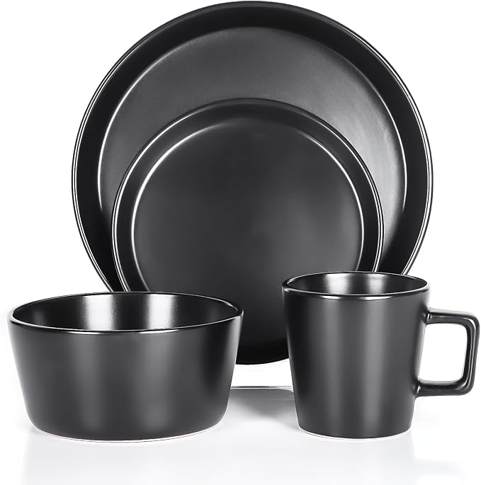 Plates and Bowls Sets, 16 Pieces Dinnerware Sets, Service For 4, Black