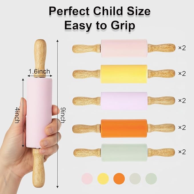 10 Pack Kids Rolling Pins, 9 Inch Small Silicone Rolling Pin with Wooden Handle for Baking Dough Cookie Fondant Pastry, Colorful Rolling Pins for Kids and Adults