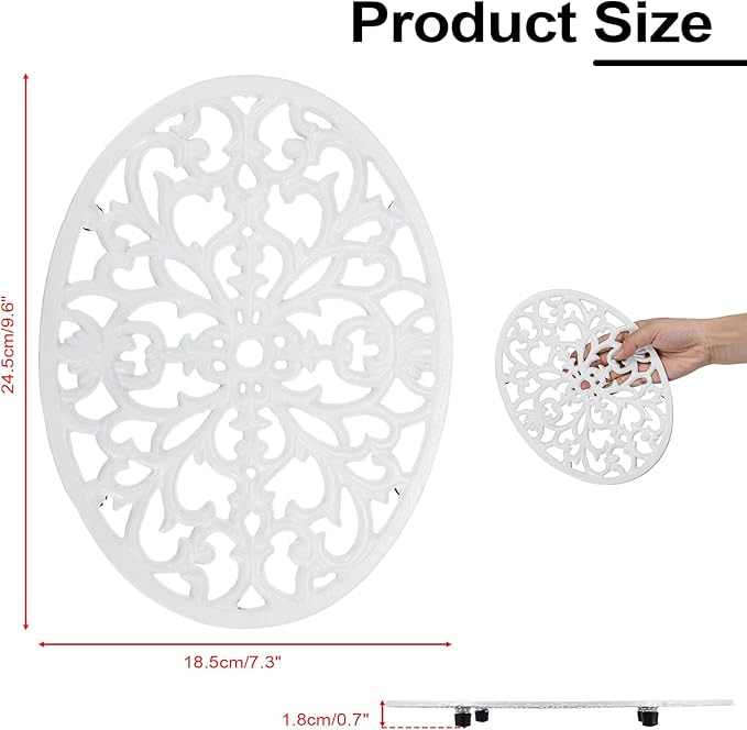 2 Pack Cast Iron Trivets, Decorative Oval Trivet 9.6"x7.3", Heat Resistant Metal Trivets for Hot Dishes Pots Pans Plates Teapot, Heavy Duty Cast Iron Pot Holder for Kitchen Countertops Dining Table