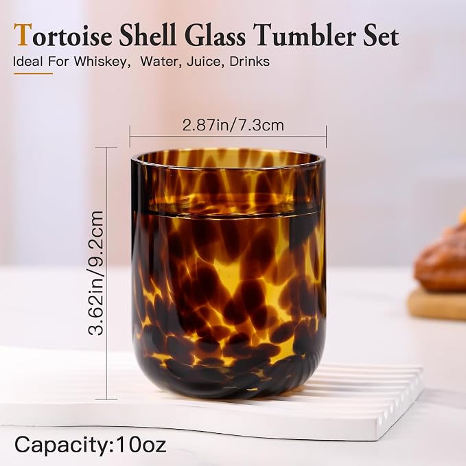 Tortoise Shell Drinking Glasses Set of 4, Brown Decorative Tortoise Shell Tumbler Cups for Wine & Drinks，Drinking Glasses for Wedding Gifts, Housewarming, Cocktail Party (4, 10oz)