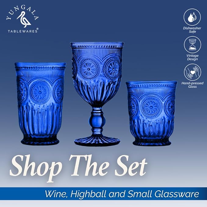 Cobalt Wine Glasses Set of 6 Goblets - Handcrafted Vintage Glassware with Sunflower Motif, Dishwasher Safe Cobalt Blue Glassware