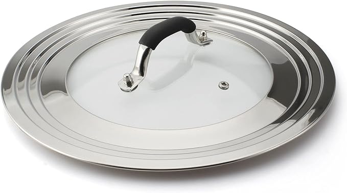Stainless Steel Universal Lid for Pans Pots Fits 8.25 9 10 11 12 Inch Cast Iron Skillets Frying Pans Woks - Design with Heat Resistant Handle and Vent Hole - Black Handle