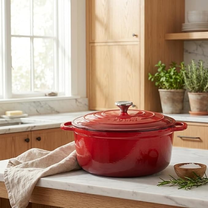 Zulay Kitchen 6.4QT Enameled Cast Iron Dutch Oven Pot with Lid, Heat Pad & Trivet, Heavy-Duty Soup Pot for Stews, Braising, Roasting & Sourdough Bread Baking, Oven Safe up to 500°F - Ablaze Red