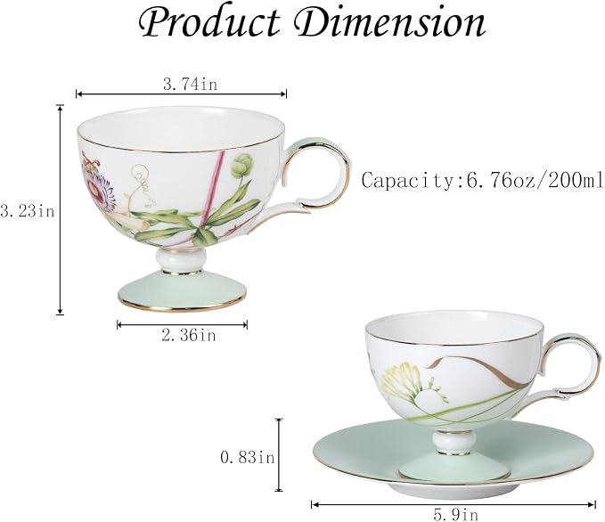 KAMMAK Ceramic Coffee Cups Saucers Set of 2, Porcelain Espresso Cup with Saucer, 6.76 oz Handmade Elegant Bone China Tea Cups, Ceramic Floral Pattern Demitasse Cup for Latte, Americano, Cappuccino