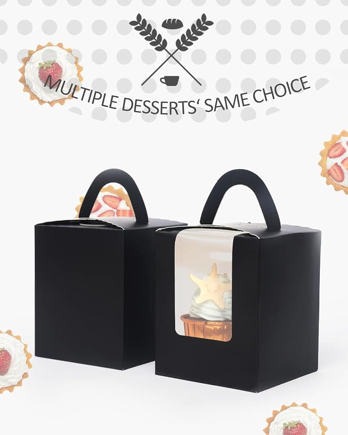 qiqee Black Cupcake Boxes Individual 100 Packs Cupcake Holders Disposable Single Cupcake Boxes with Window 3.6" 3.6"*4.3" Cupcake Containers