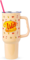 Silver Buffalo Gilmore Girls Luke's Diner Double Walled Stainless Steel Tumbler with Handle and Straw, Fits in Standard Cup Holder, 40 Ounces