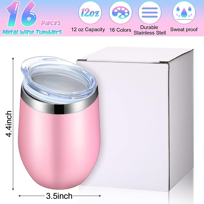 Vesici 16 Pack Wine Tumblers with Lid 12oz Stainless Steel Travel Mugs Stemless Double Wall Vacuum Insulated Wine Glasses Tumbler Bulk for Hot or Cold, Cocktails, Champaign, Whiskey, 16 Colors